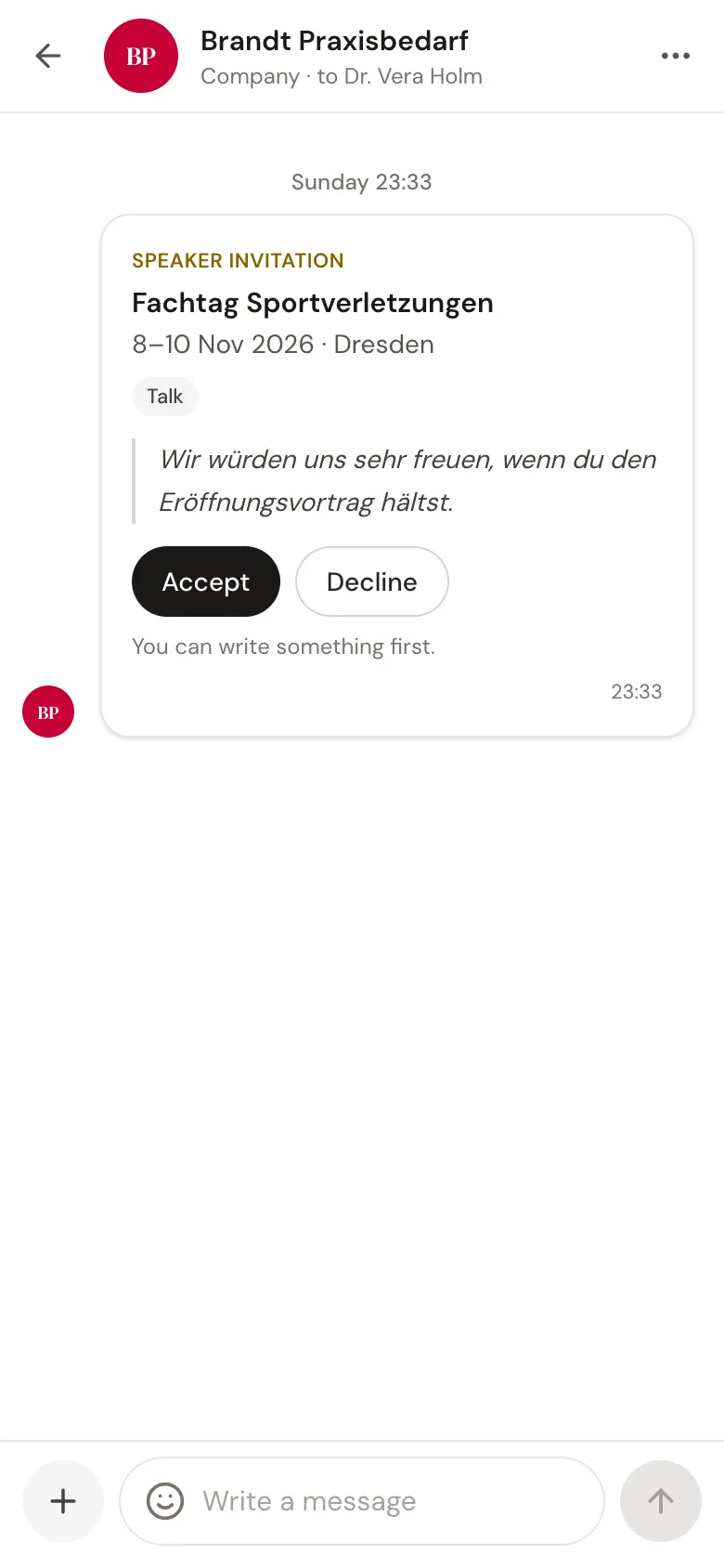 An invitation to speak in the inbox on a phone, with the Accept and Decline buttons.