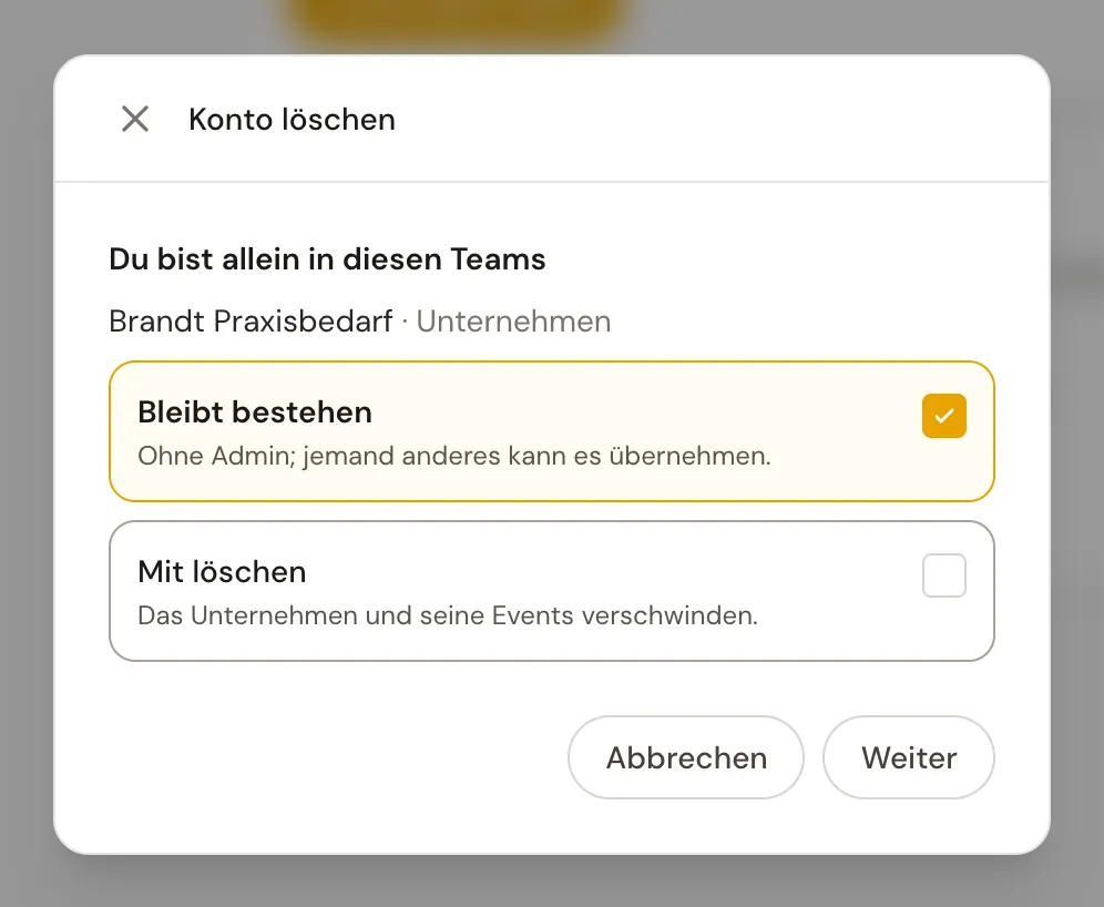 Der Schritt beim Löschen, in dem du für jedes Team zwischen „Bleibt bestehen" und „Mit löschen" wählst.
