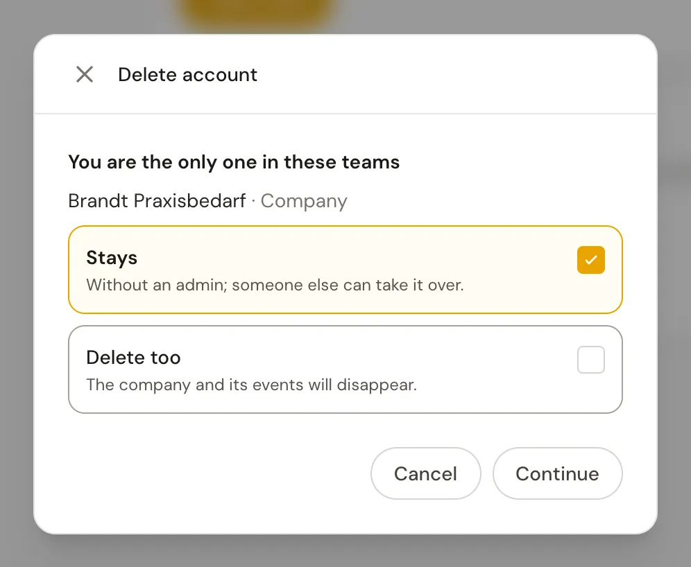 The deletion step where you choose between "Stays" and "Delete too" for each team.