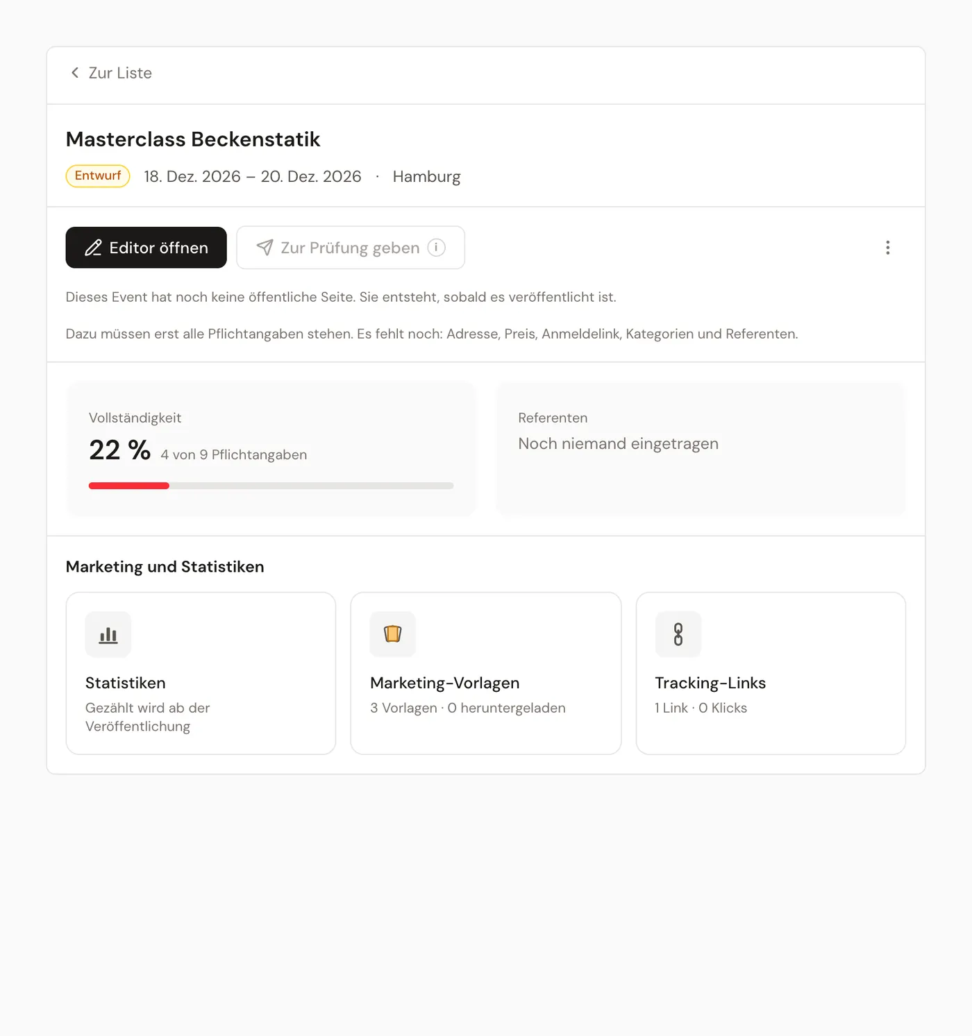 Die Übersicht eines Entwurfs mit der Vollständigkeit und dem Knopf „Zur Prüfung geben".