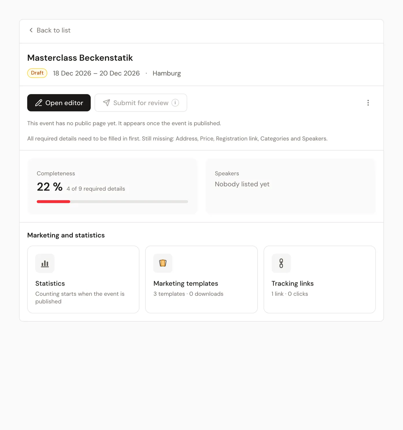 The overview of a draft with the completeness and the "Submit for review" button.