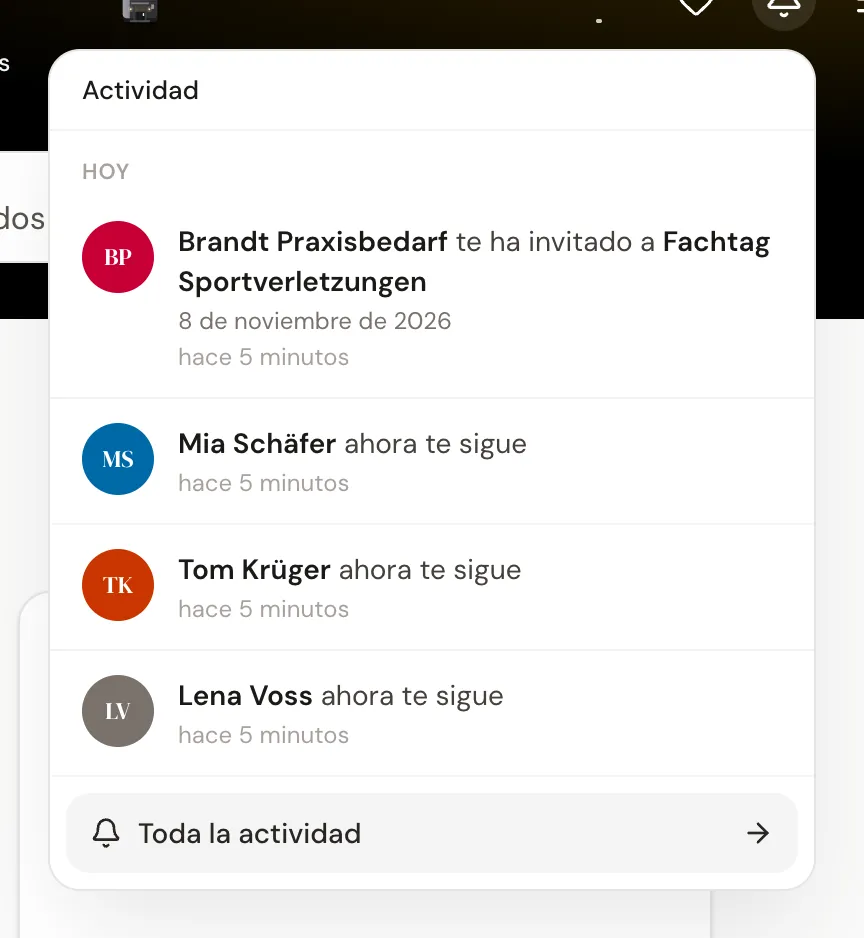 La lista de actividad en el ordenador, abierta con la campana de arriba a la derecha