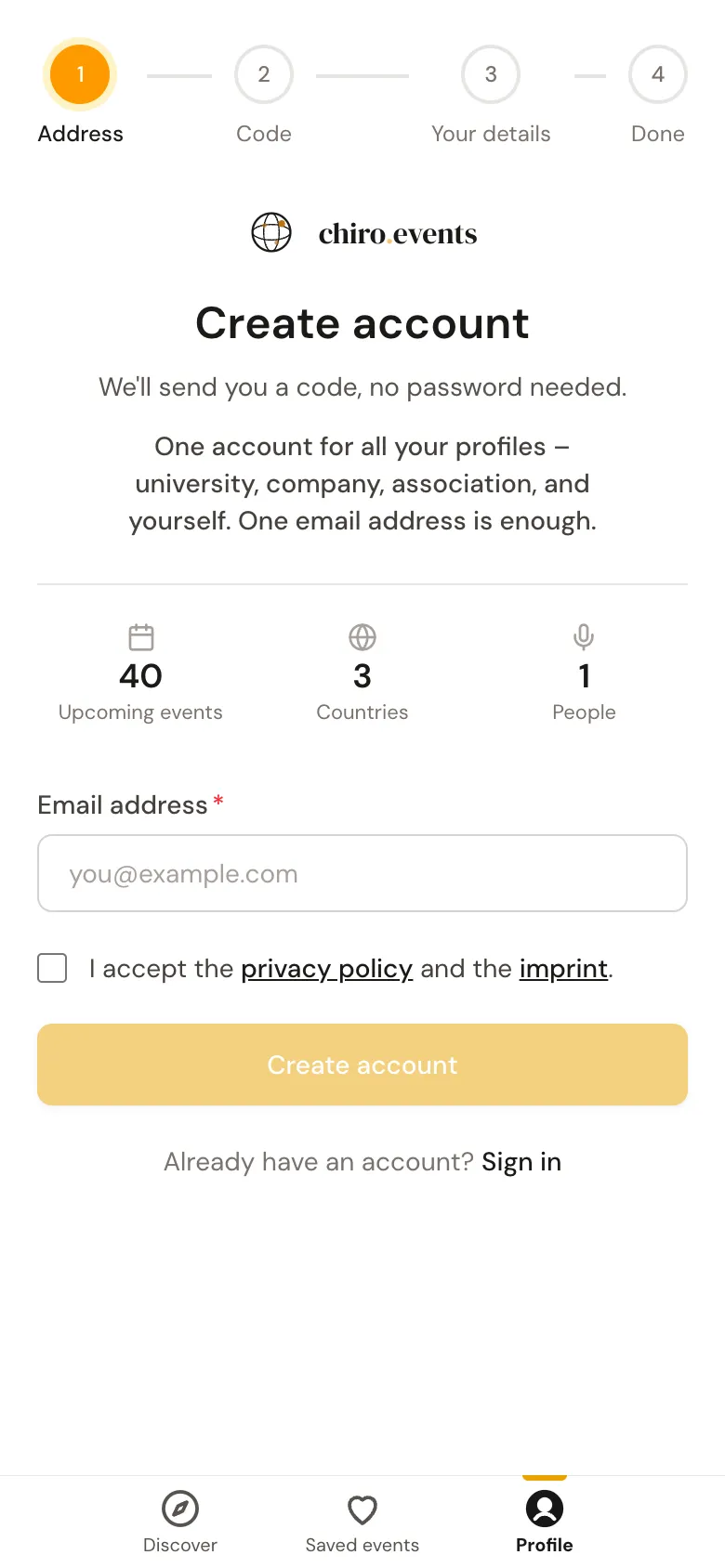 The «Create an account» page with the field for the email address