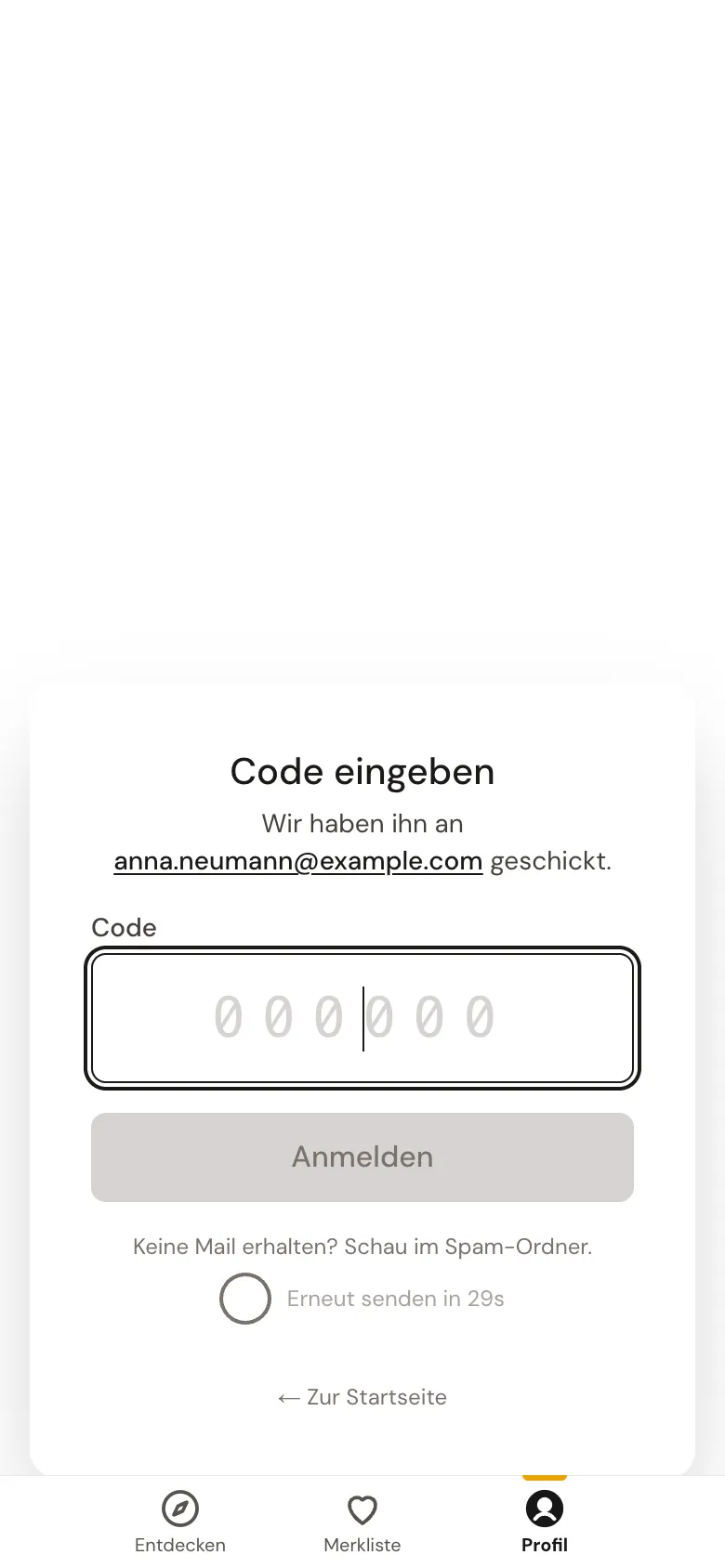 Der Schritt „Code eingeben" mit sechs Ziffernfeldern