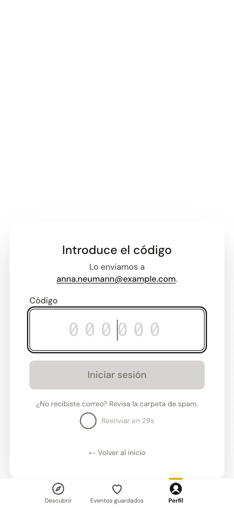 El paso «Introduce el código» con seis campos para los dígitos