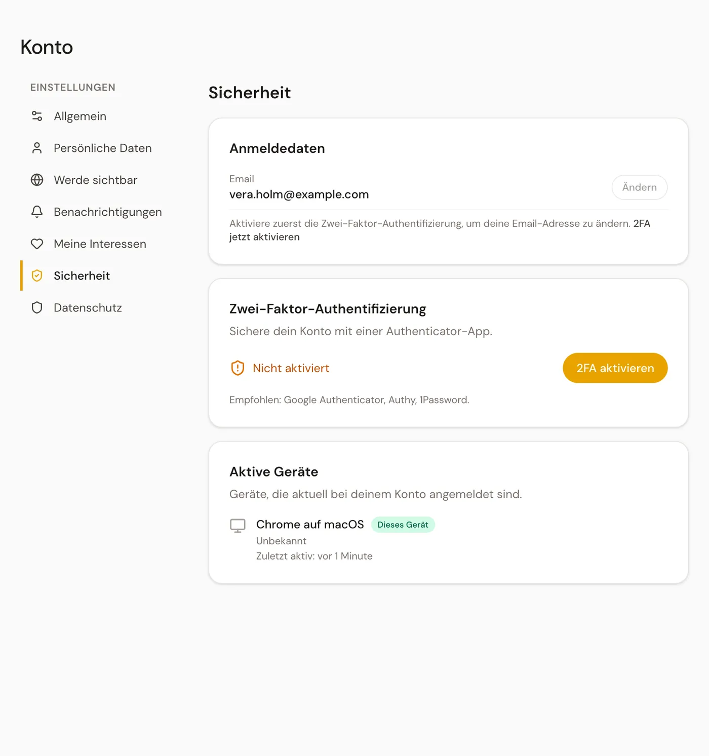 Die Seite „Sicherheit" mit den Anmeldedaten und der Karte zur Zwei-Faktor-Authentifizierung.