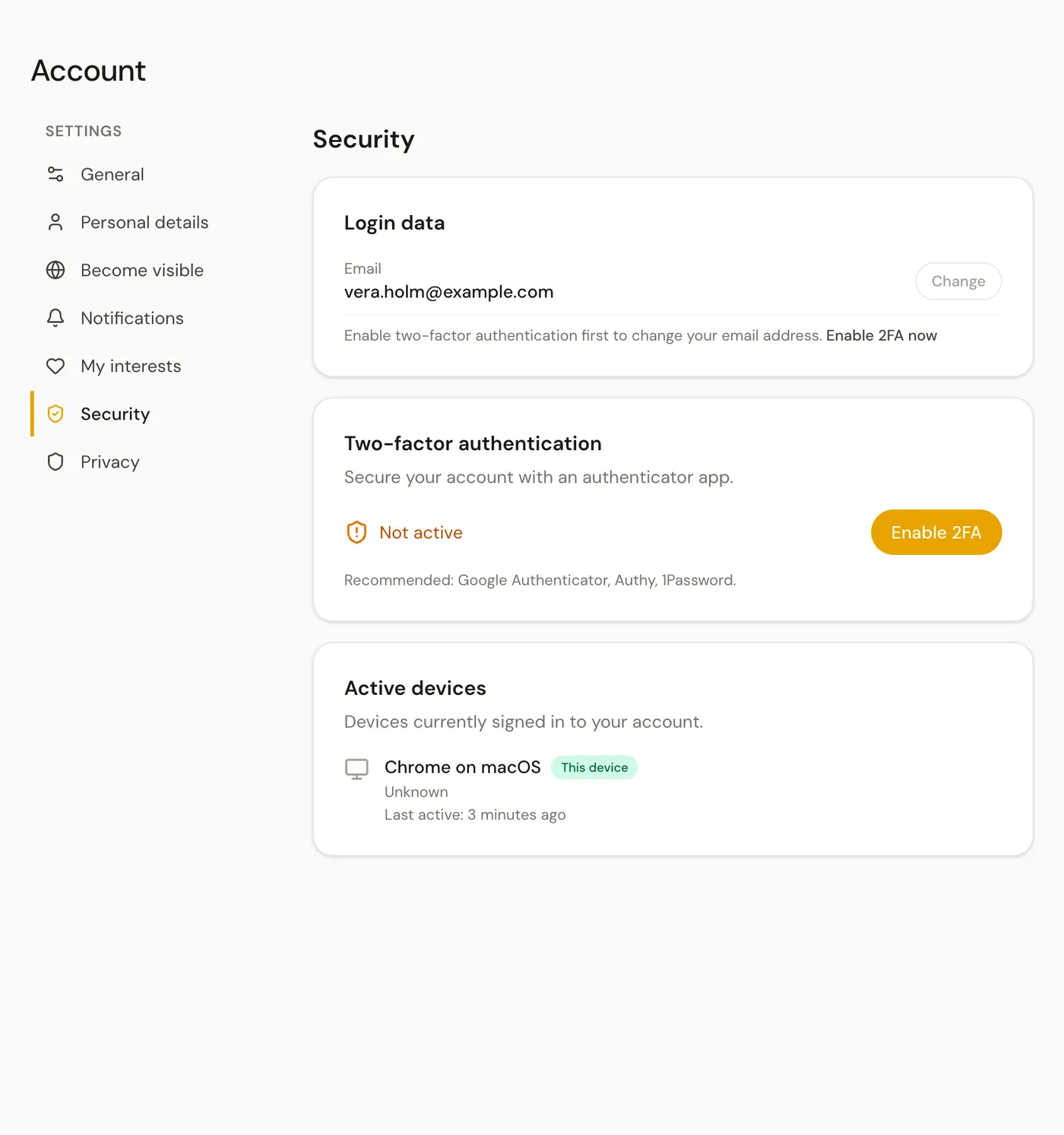The "Security" page with the login data and the two-factor authentication card.