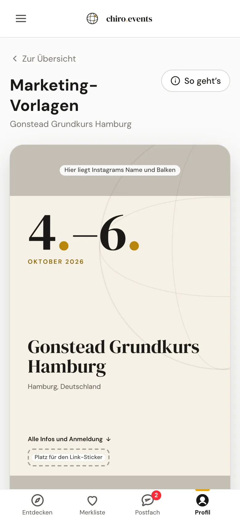 Die Marketing-Vorlagen am Handy mit der Vorschau einer Story und den Knöpfen zum Herunterladen und Verschicken.