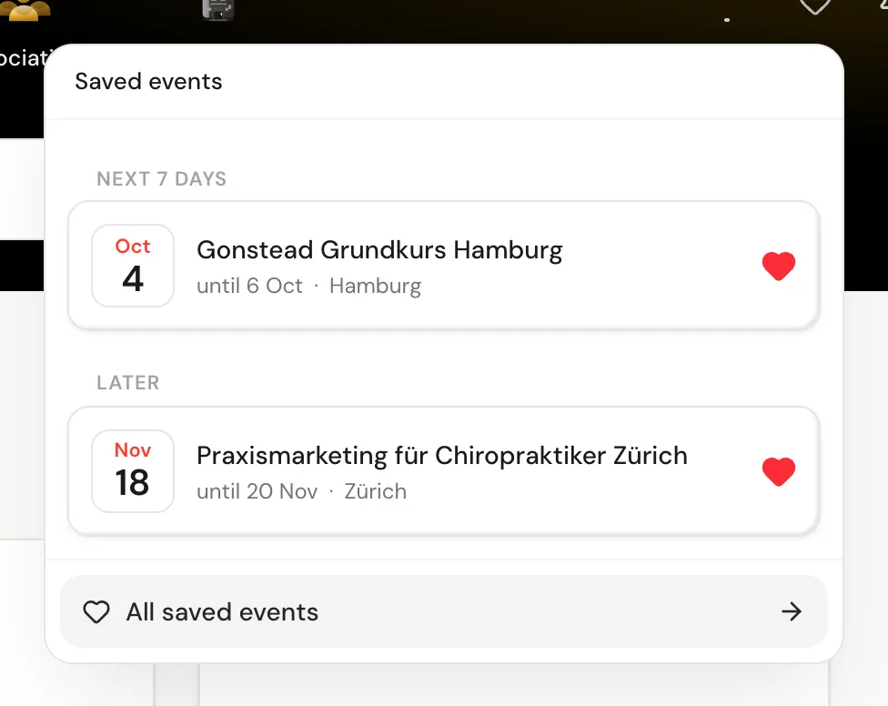 The saved events list on a computer as a window under the heart in the header