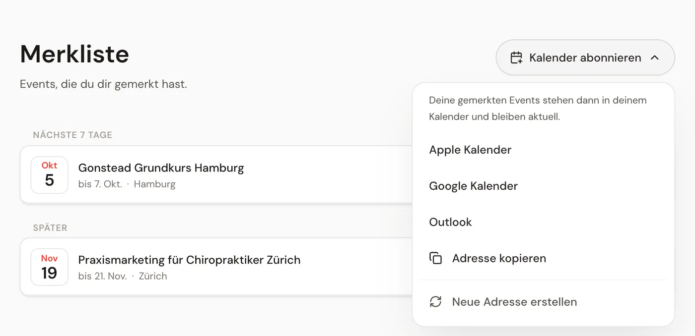Die Merkliste am Rechner mit dem offenen Menü Kalender abonnieren