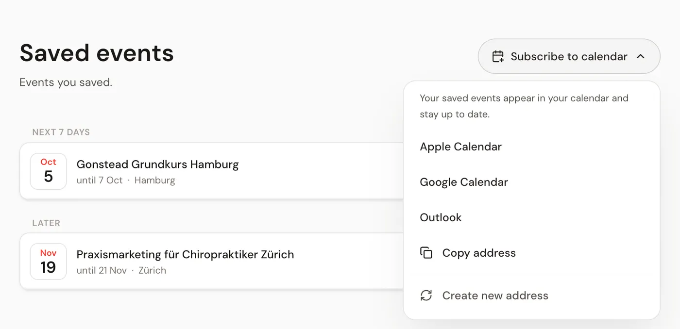Saved events on a computer with the Subscribe to calendar menu open