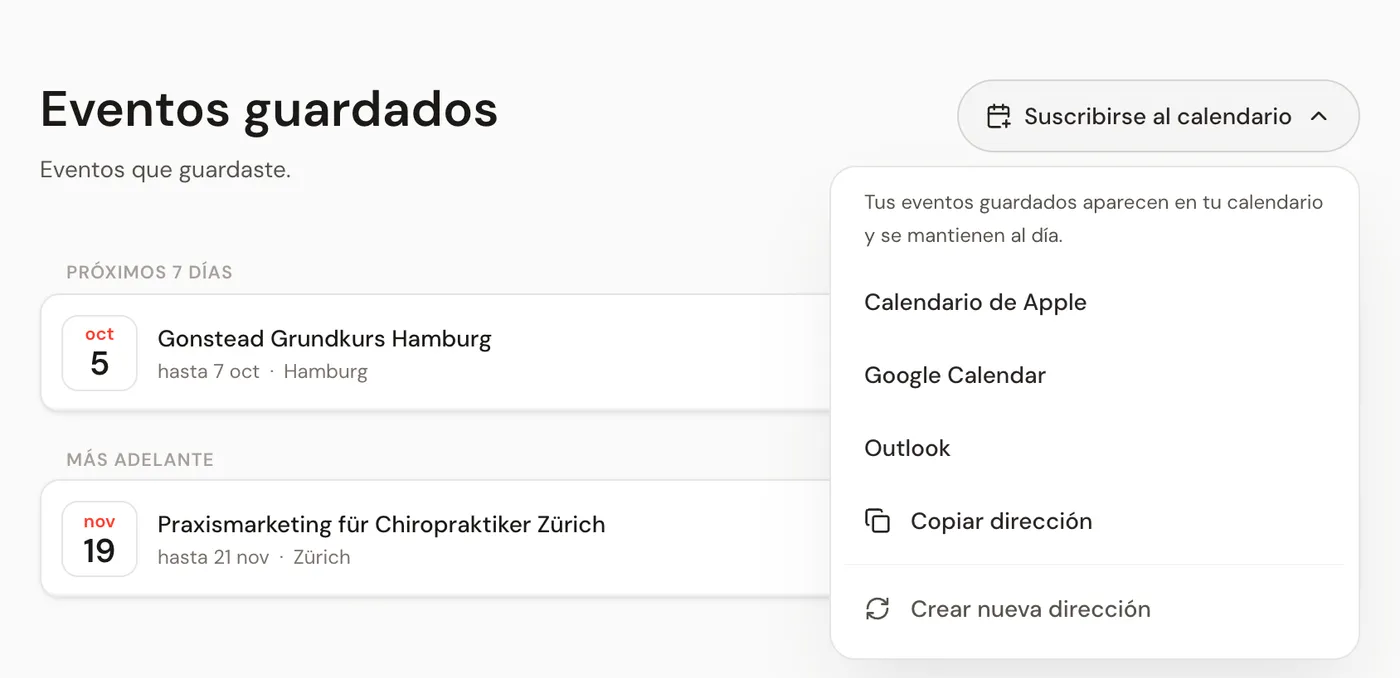 Los eventos guardados en el ordenador con el menú Suscribirse al calendario abierto