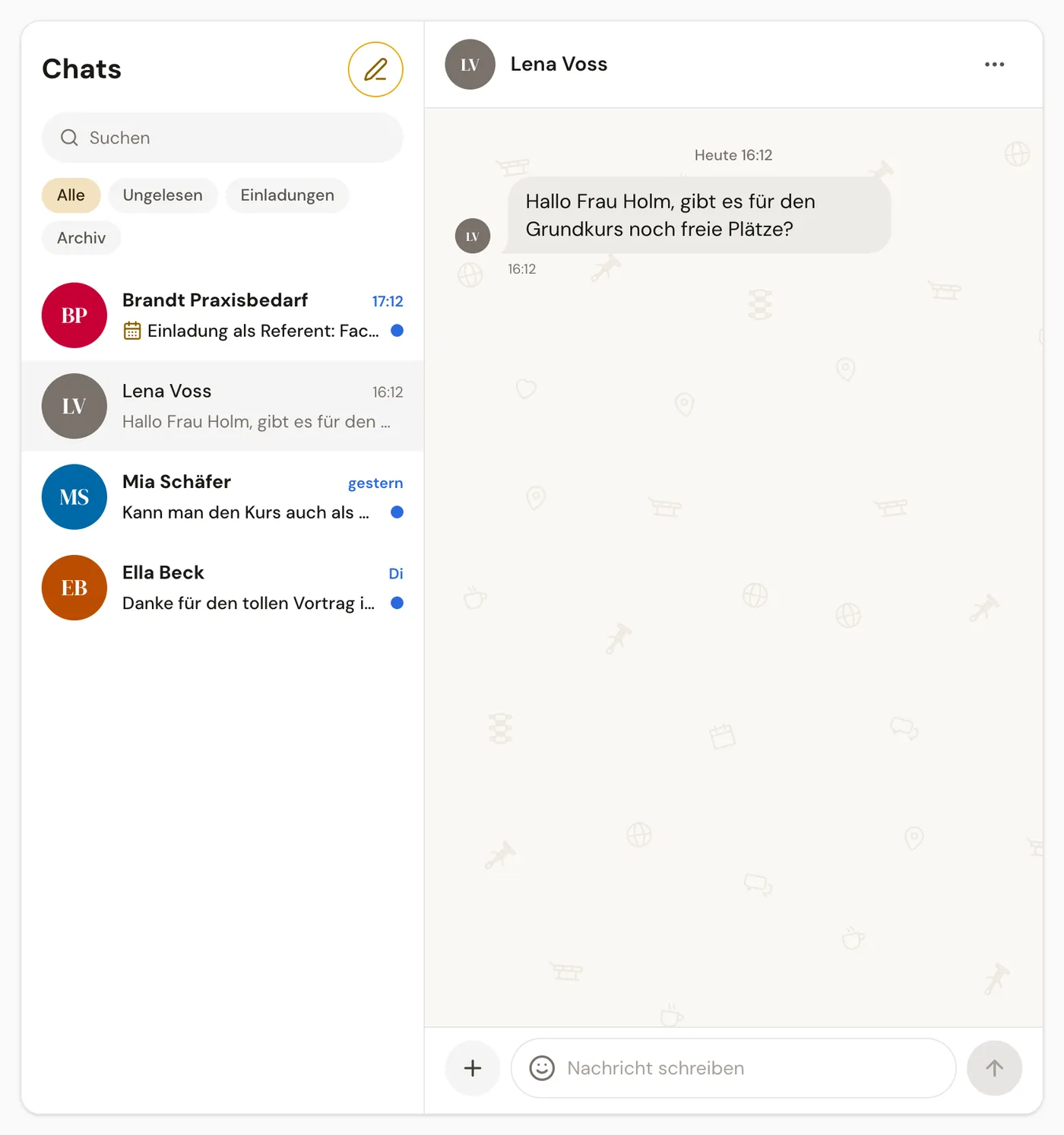 Das Postfach am Rechner mit der Liste der Chats links und einem geöffneten Chat rechts.