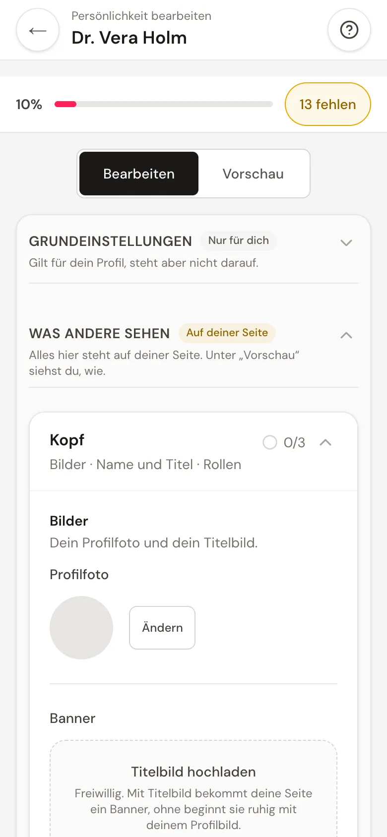 Der Profil-Editor am Handy mit dem Umschalter Bearbeiten und Vorschau