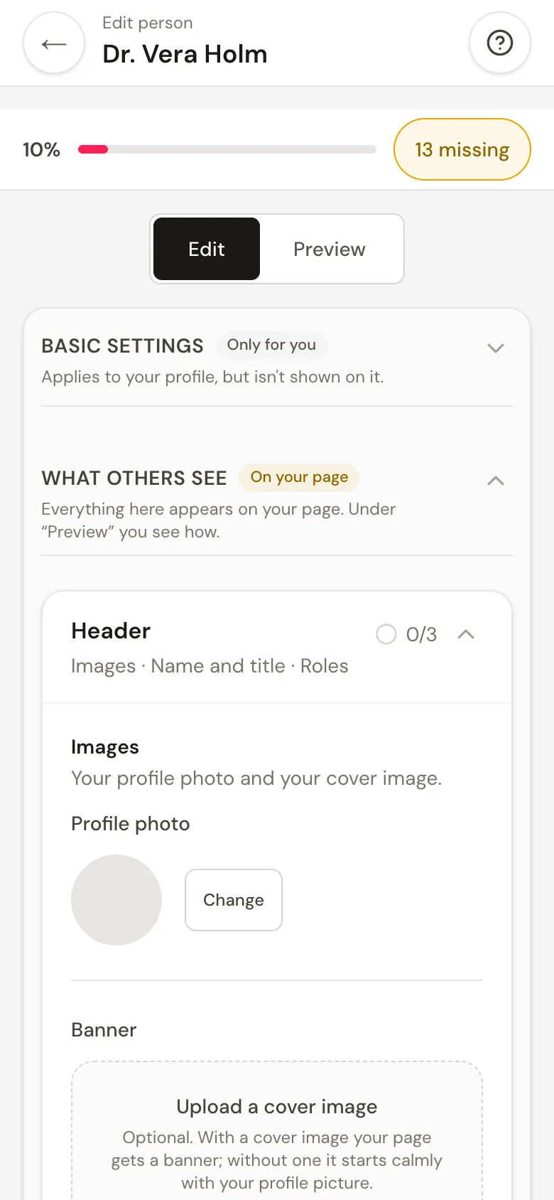 The profile editor on a phone with the Edit and Preview switch