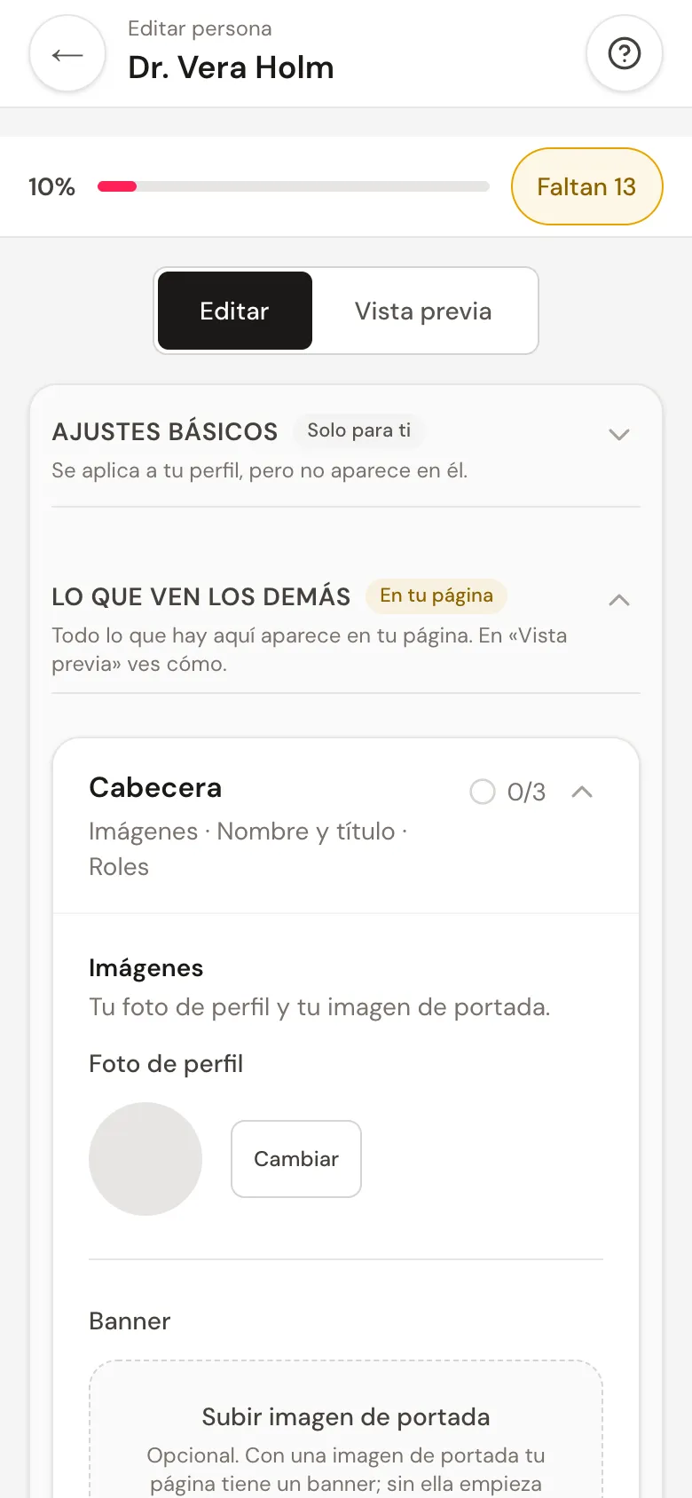El editor de perfil en el móvil con el selector Editar y Vista previa