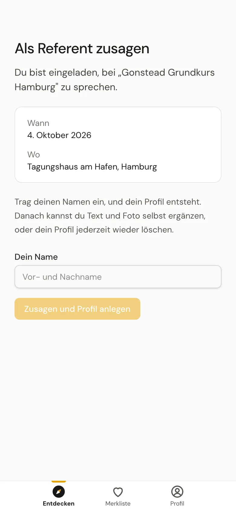 Die Seite „Als Referent zusagen" am Handy mit dem Feld für den eigenen Namen.