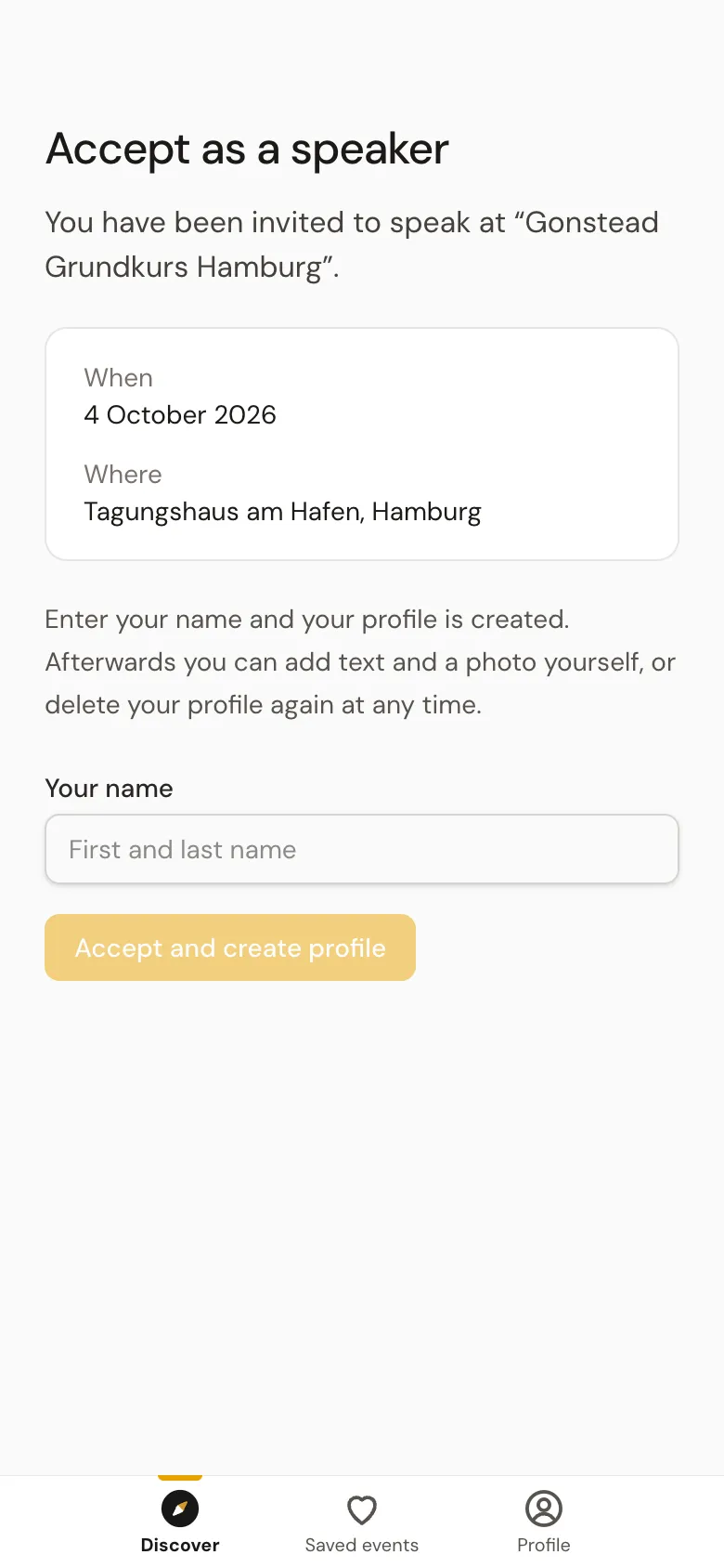 The «Accept as a speaker» page on a phone with the field for your own name.