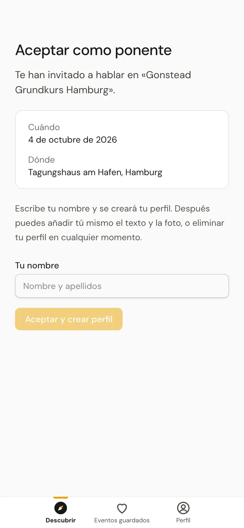 La página «Aceptar como ponente» en el móvil, con el campo para el propio nombre.